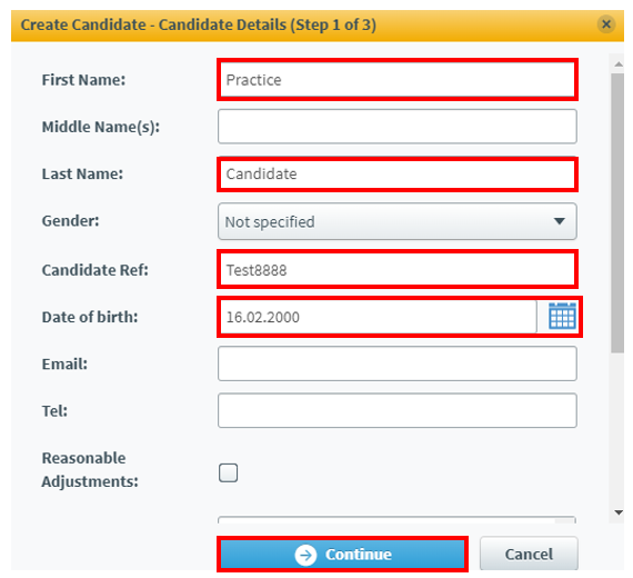 The candidates details dialogue box