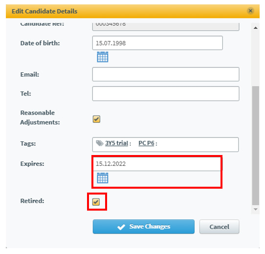 The expires and retired fields in the candidate details dialogue box.