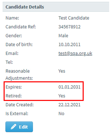 The expires and retired fields in the candidate details dialogue box